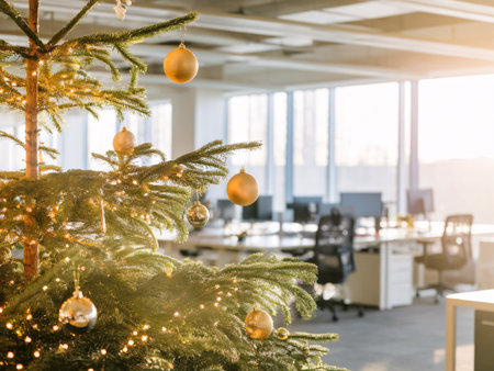 A beautifully decorated Christmas tree in an office, illuminated by sunlight streaming through windows.の素材