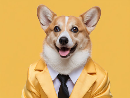 A cheerful corgi in a yellow suit and black tie, exuding charm against a bright yellow background.の素材