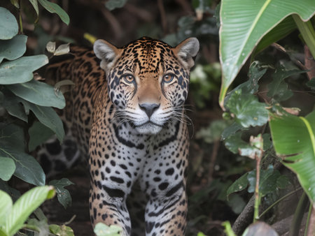 A striking jaguar peers through lush green foliage, showcasing its powerful and captivating presence.の素材