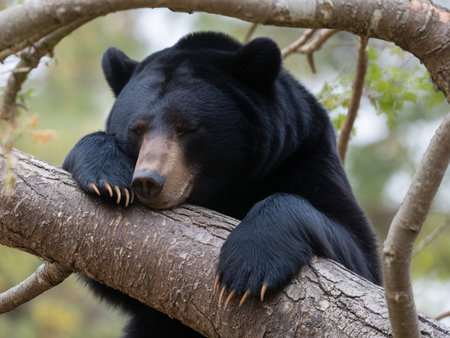A peaceful black bear rests on a tree branch, showcasing its serene expression and powerful paws.の素材