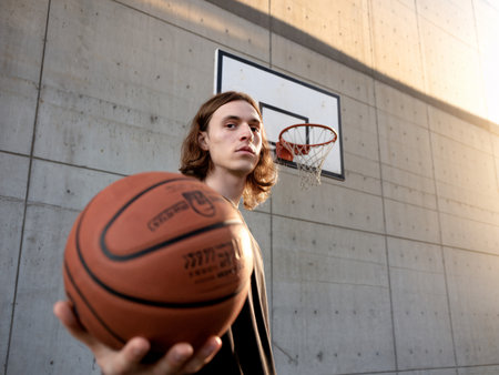 A young male athlete holding a basketball, focused on the game under soft sunlight by the court.の素材