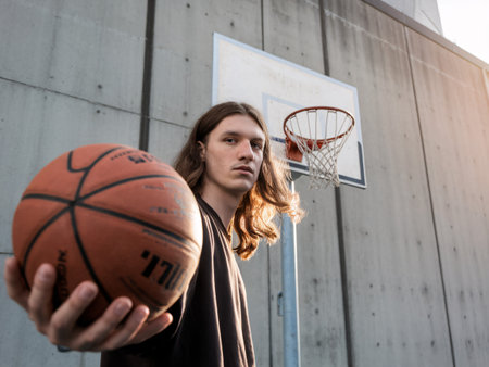 A young male athlete with long hair holding a basketball, standing confidently by a hoop.の素材