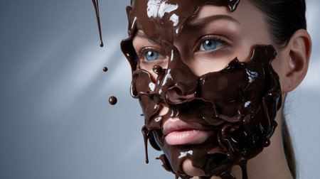 Close-up of a young female with chocolate facial mask, highlighting smooth skin and blue eyes.の素材