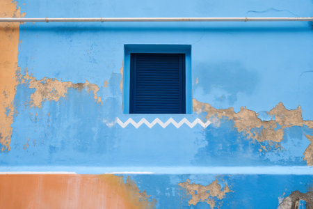A textured blue wall featuring a blue window and geometric white design, evoking a vibrant, rustic charm.の素材