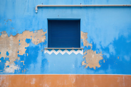 Colorful weathered blue wall with a closed window adds charm and character to the urban setting.の素材