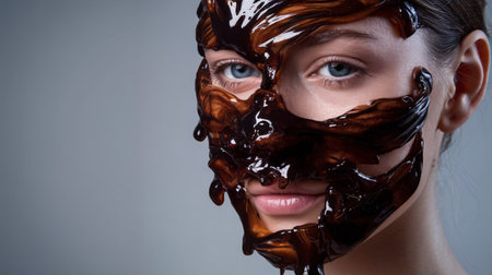 Young Caucasian woman with a chocolate facial mask, highlighting her striking blue eyes and unique texture.の素材