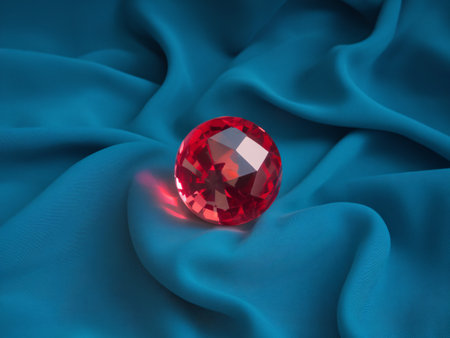 A brilliant red gemstone reflects light on smooth, teal fabric.の素材