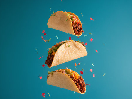Three colorful tacos filled with beef, vegetables, and toppings, suspended in mid-air against a vibrant blue background.の素材