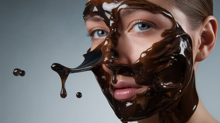 Beautiful woman with blue eyes covered in dark chocolate mask against gray background.の素材
