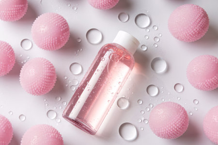 A clear bottle of pink liquid surrounded by textured pink balls on a wet surface.の素材