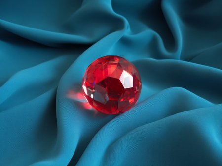 A vibrant red crystal ball resting elegantly on soft blue fabric.の素材