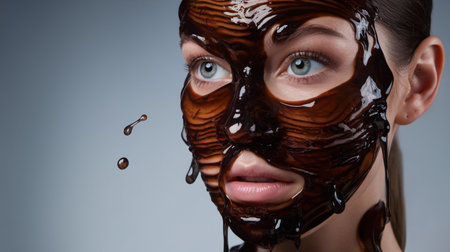 A close-up of a young woman with a chocolate mask on her face, showcasing her blue eyes and smooth skin.の素材