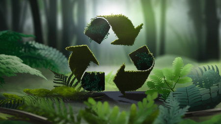 Sustainable symbol with greenery in a tranquil forest setting, representing eco-friendly practices.の素材