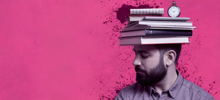 Male with a beard balancing books and a clock on his head against a vibrant pink background.の素材