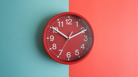 A vibrant red wall clock against a split teal and coral background, emphasizing modern design.の素材