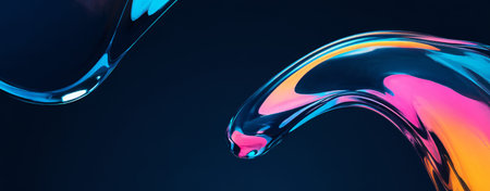 Abstract colorful liquid shapes in vibrant blues and pinks on a dark background.の素材