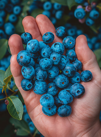 A close-up of a hand holding fresh, ripe blueberries against a vibrant green backdrop.の素材