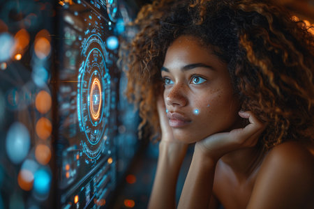 Pensive young Black woman gazes at futuristic digital interface, surrounded by glowing technology.の素材