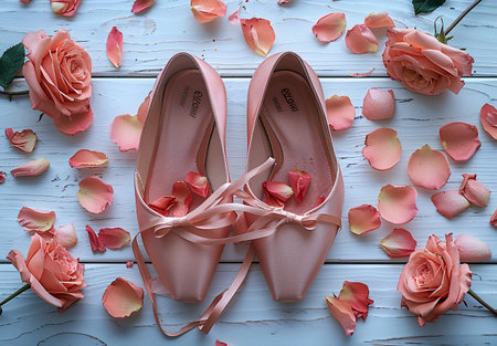 Elegant pink ballet flats surrounded by soft, romantic rose petals on a rustic wooden background.の素材