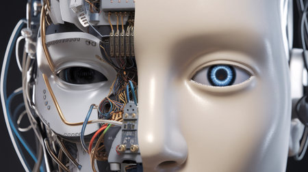 Close-up of a humanoid robotic head with intricate circuitry and glowing blue eye.の素材