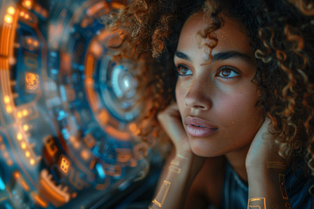 Thoughtful young woman with curly hair gazes at futuristic digital interface, rich in orange hues.の素材