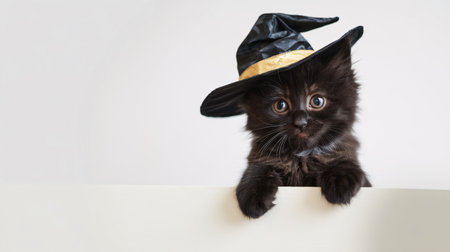 Adorable black kitten wearing a whimsical witch hat, looking curiously over a white surface.の素材