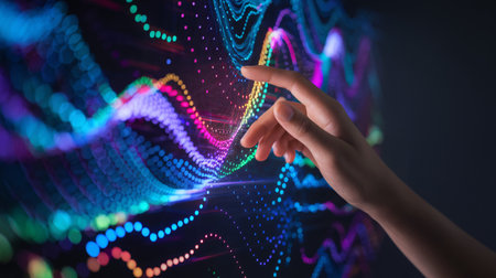 A hand reaching out to touch vibrant digital waves of color and light.の素材