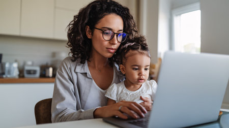 A focused Black woman with curly hair works on a laptop while her curious daughter sits beside her.の素材