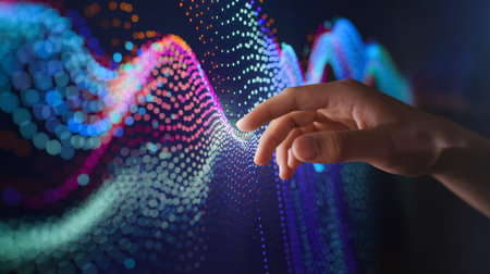 A close-up of a hand interacting with colorful digital wave patterns.の素材