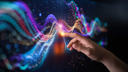 A close-up of a hand interacting with vibrant digital wave patterns on a dark screen.の素材
