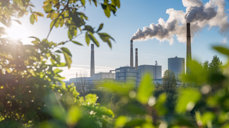 Industrial factory emitting smoke surrounded by green foliage under a bright sky.の素材