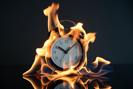 An alarm clock engulfed in flames against a dark background, symbolizing urgency and the passage of time.の素材