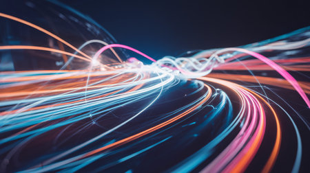 Abstract light trails in vibrant colors create a dynamic, futuristic atmosphere.の素材