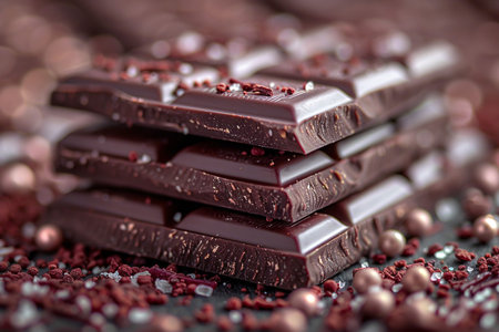 A rich stack of dark chocolate pieces surrounded by colorful sprinkles and delicate pearls.の素材