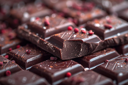 Close-up of rich dark chocolate pieces sprinkled with sea salt and red berries, showcasing texture and detail.の素材