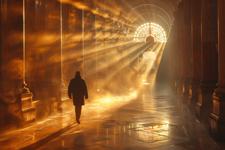 A silhouette of a man walking through a golden, sunlit corridor with ethereal light rays and vapor.の素材