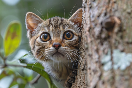 Curious small cat peeking from behind a tree trunk, highlighting its large, expressive eyes.の素材