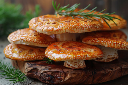 Close-up of fresh, golden-brown mushrooms garnished with rosemary on a rustic wooden surface.の素材