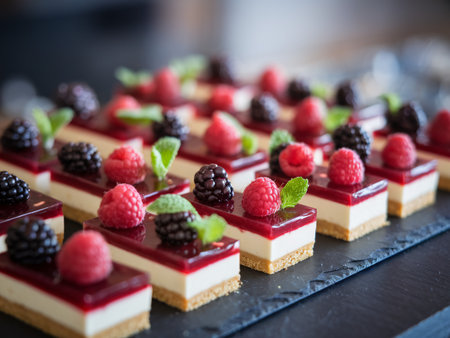 Delicious dessert platter featuring raspberry and blackberry mousse squares with fresh mint.の素材