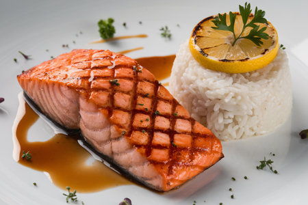 Delicious grilled salmon fillet served with rice and lemon, garnished with fresh herbs.の素材
