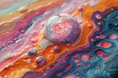Colorful abstract view of soap bubbles trapped in a vibrant liquid surface.の素材