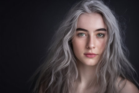 Portrait of a young woman with long, wavy gray hair and striking green eyes.の素材