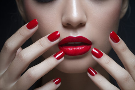 Close-up of a woman with bold red lips and nails, showcasing elegance and beauty.の素材