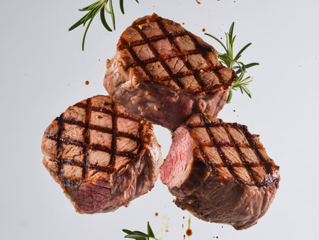 Three perfectly grilled beef steaks with crosshatch marks, garnished with fresh rosemary sprigs.の素材