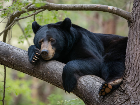 A peaceful black bear resting in a tree, showcasing its relaxed demeanor and natural beauty.の素材