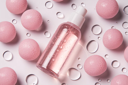 Clear beauty serum bottle surrounded by pink textured balls and water droplets on light background.の素材