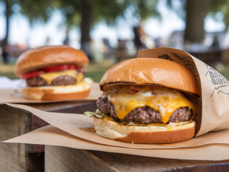 Delicious cheeseburger with melted cheese and fresh toppings, set outdoors on a warm day.の素材
