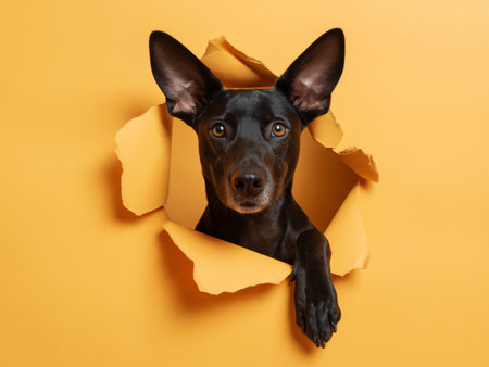 A black dog with large ears peeks through a torn orange background, showcasing curiosity and playfulness.の素材