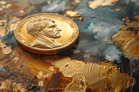 A close-up of a golden coin resting on an artistically painted surface with rich blue and gold hues.の素材