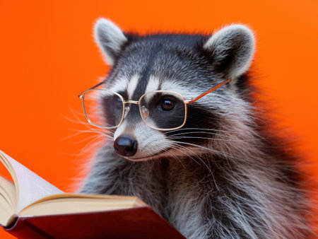 A raccoon wearing glasses reading a book against a bright orange background.の素材